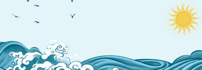 Illustration de vague avec un soleil à droite et une nuée d'oiseaux à gauche